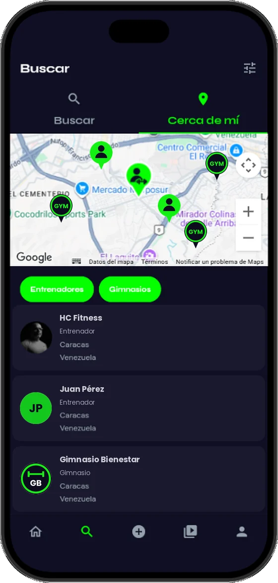 Mapa con entrenadores y gimnasios cercanos